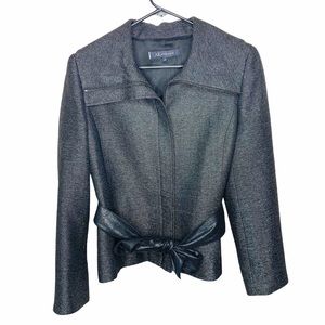 AK Anne Klein Blazer Jacket Black Gray Wool Chevron Faux Leather Belt Shimmer